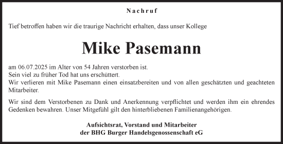 Traueranzeige von Mike Pasemann von Volksstimme Burg/Genthin