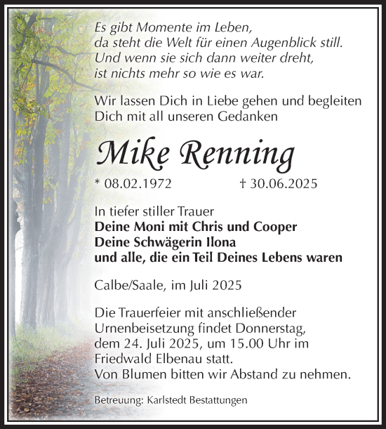 Traueranzeige von Mike Renning von Volksstimme Schönebeck