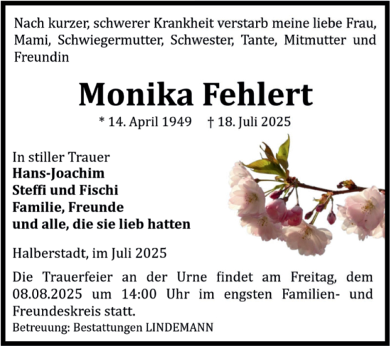 Traueranzeige von Monika Fehlert von Volksstimme Halberstadt