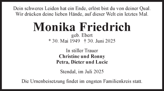Traueranzeige von Monika Friedrich von Volksstimme Altmark Ost