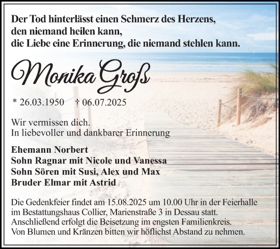 Traueranzeige von Monika Groß von Trauerkombi Dessau