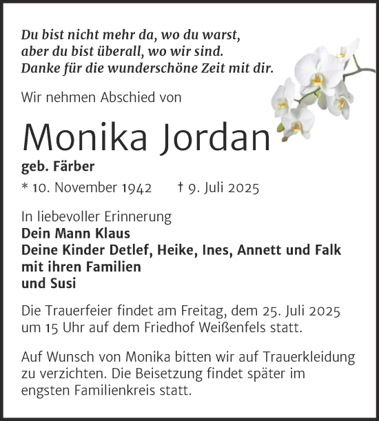 Traueranzeige von Monika Jordan von Trauerkombi Weißenfels