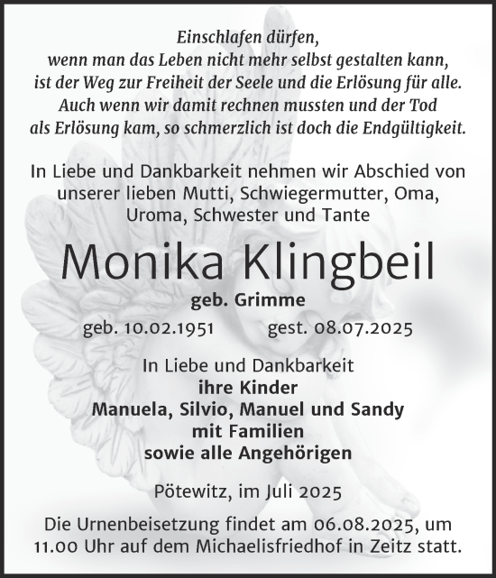 Traueranzeige von Monika Klingbeil von Trauerkombi Zeitz