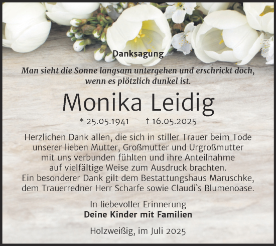 Traueranzeige von Monika Leidig von Trauerkombi Bitterfeld