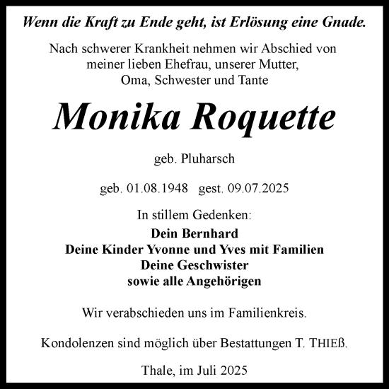 Traueranzeige von Monika Roquette von Trauerkombi Quedlinburg