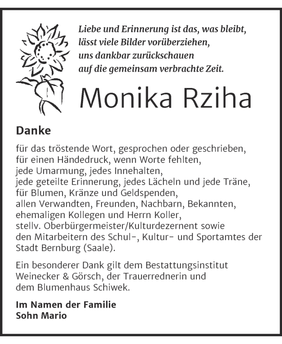 Traueranzeige von Monika Rziha von Trauerkombi Bernburg