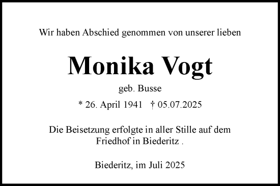 Traueranzeige von Monika Vogt von Volksstimme Burg/Genthin