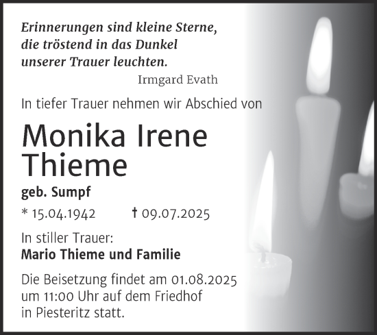 Traueranzeige von Monika Irene Thieme von Trauerkombi Wittenberg