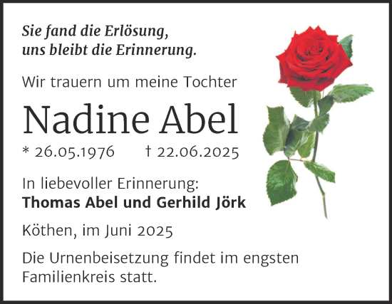 Traueranzeige von Nadine Abel von Trauerkombi Köthen