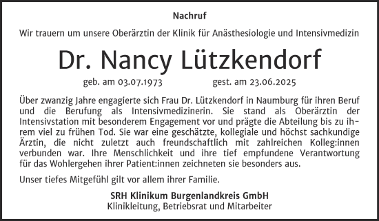 Traueranzeige von Nancy Lützkendorf von Naumburger Tageblatt