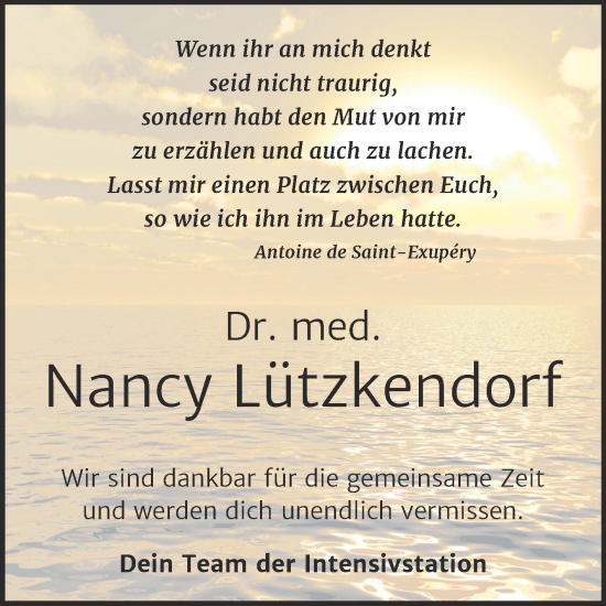 Traueranzeige von Nancy Lützkendorf von Super Sonntag Naumburg/Nebra