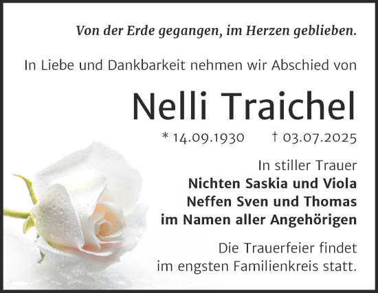 Traueranzeige von Nelli Traichel von Trauerkombi Bernburg