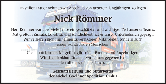 Traueranzeige von Nick Römmer von Volksstimme Halberstadt