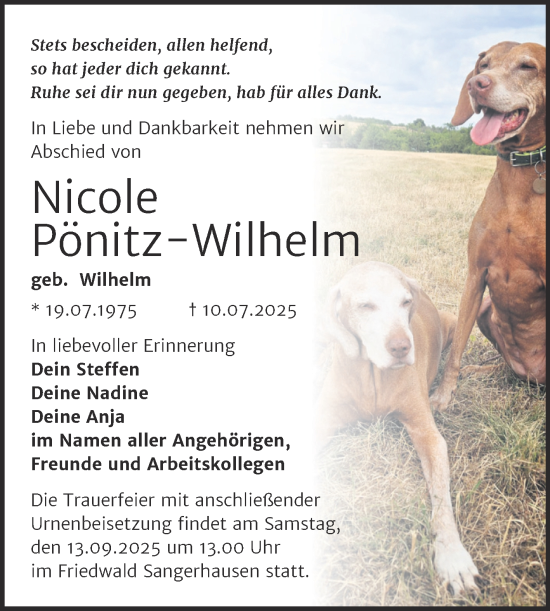 Traueranzeige von Nicole Pönitz-Wilhelm von Trauerkombi Sangerhausen
