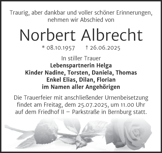 Traueranzeige von Norbert Albrecht von Trauerkombi Bernburg