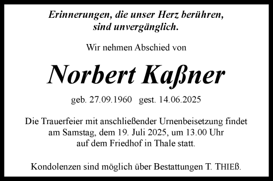 Traueranzeige von Norbert Kaßner von Trauerkombi Quedlinburg
