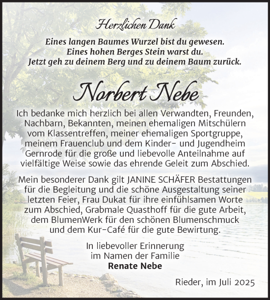 Traueranzeige von Norbert Nebe von Trauerkombi Quedlinburg