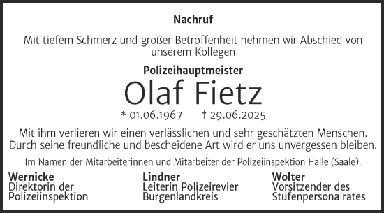 Traueranzeige von Olaf Fietz von Mitteldeutsche Zeitung Zeitz