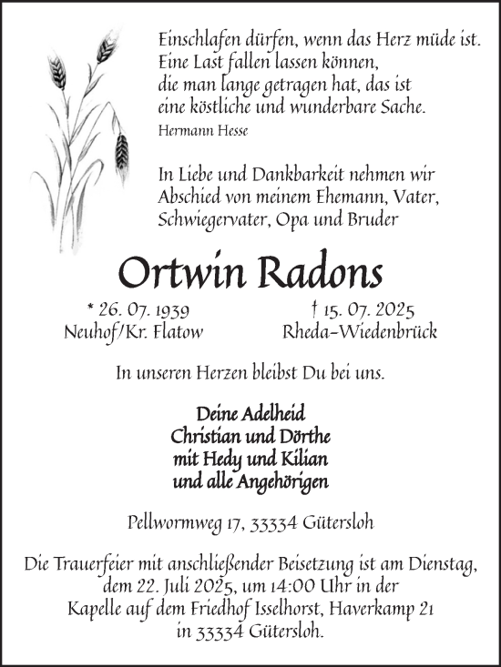 Traueranzeige von Ortwin Radons von Volksstimme Schönebeck