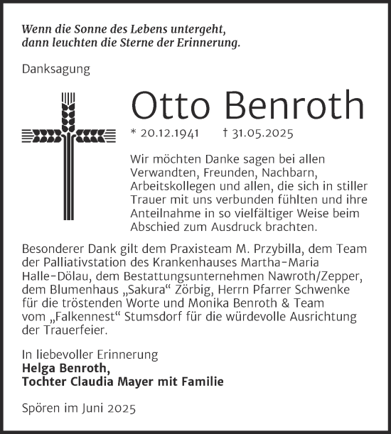 Traueranzeige von Otto Benroth von Trauerkombi Bitterfeld