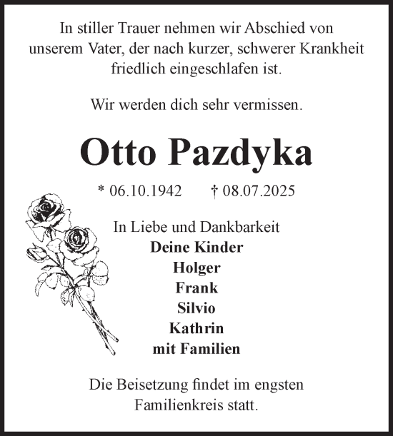Traueranzeige von Otto Pazdyka von Volksstimme Oschersleben/Wanzleben