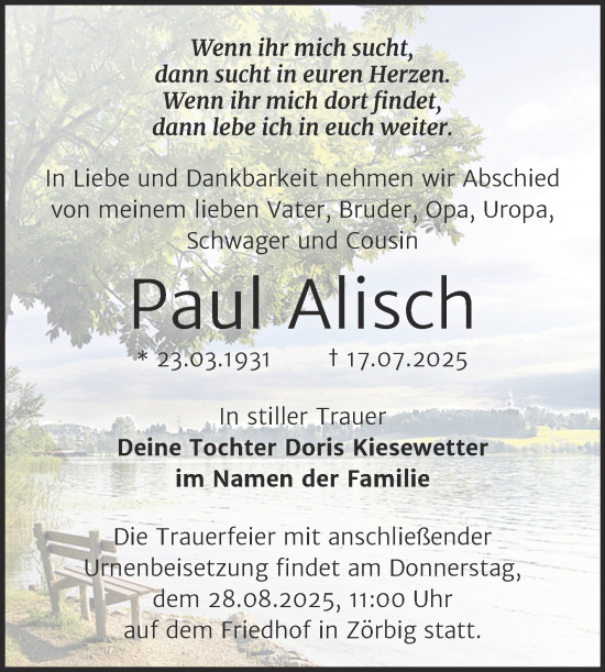 Traueranzeige von Paul Alisch von Trauerkombi Bitterfeld