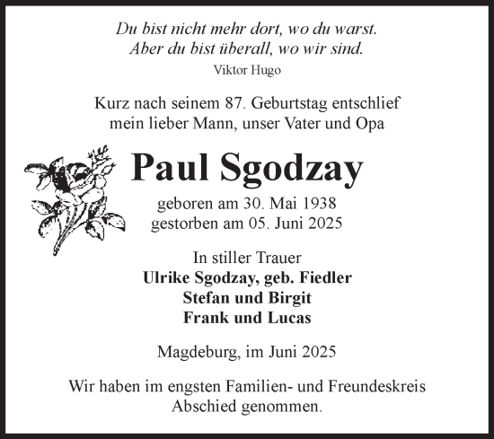 Traueranzeige von Paul Sgodzay von Volksstimme Haldensleben/Wolmirstedt