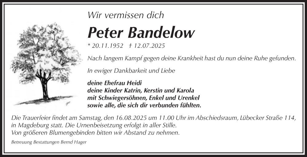  Traueranzeige für Peter Bandelow vom 26.07.2025 aus Volksstimme Altmark Ost