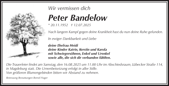 Traueranzeige von Peter Bandelow von Volksstimme Altmark Ost