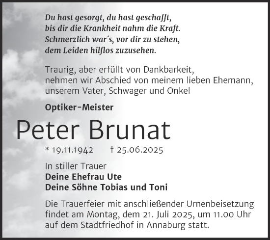Traueranzeige von Peter Brunat von Trauerkombi Wittenberg