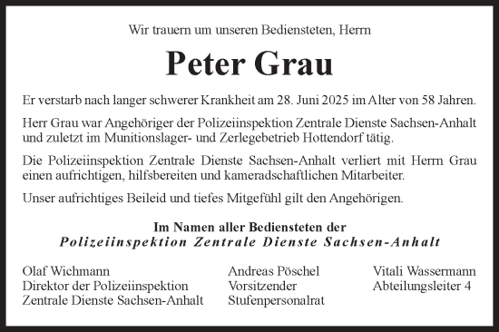 Traueranzeige von Peter Grau von Volksstimme Burg/Genthin