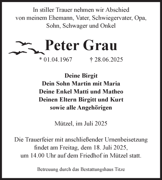 Traueranzeige von Peter Grau von Volksstimme Burg/Genthin