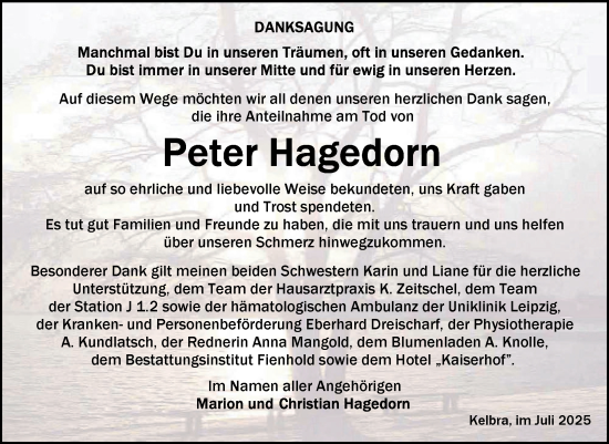 Traueranzeige von Peter Hagedorn von Trauerkombi Sangerhausen
