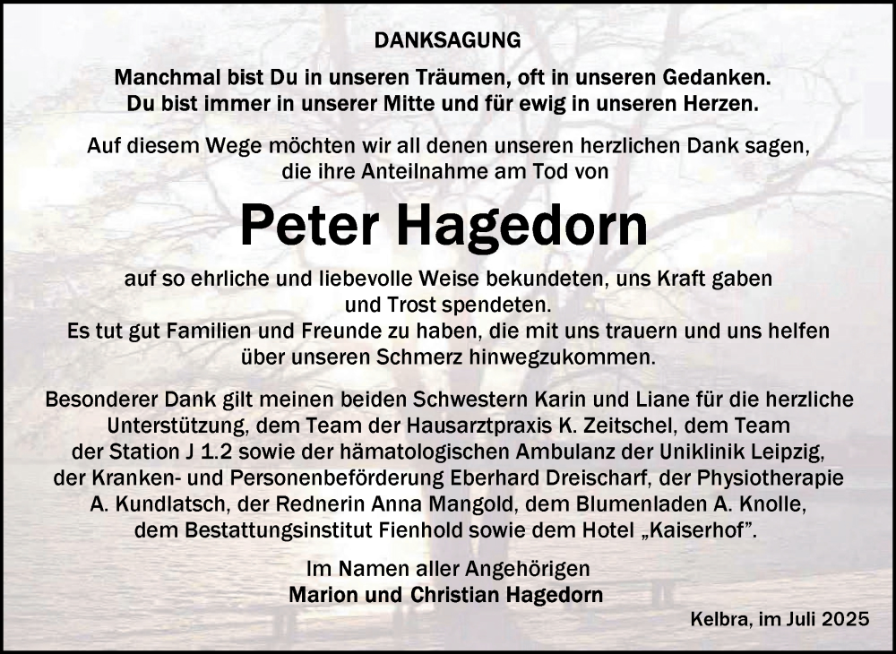  Traueranzeige für Peter Hagedorn vom 12.07.2025 aus Trauerkombi Sangerhausen