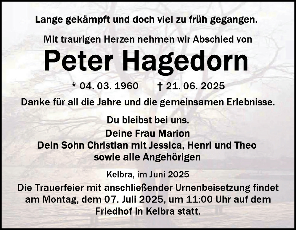 Traueranzeige für Peter Hagedorn vom 05.07.2025 aus Trauerkombi Sangerhausen