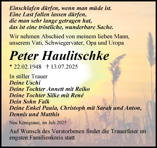 Traueranzeige von Peter Haulitschke von Trauerkombi Aschersleben