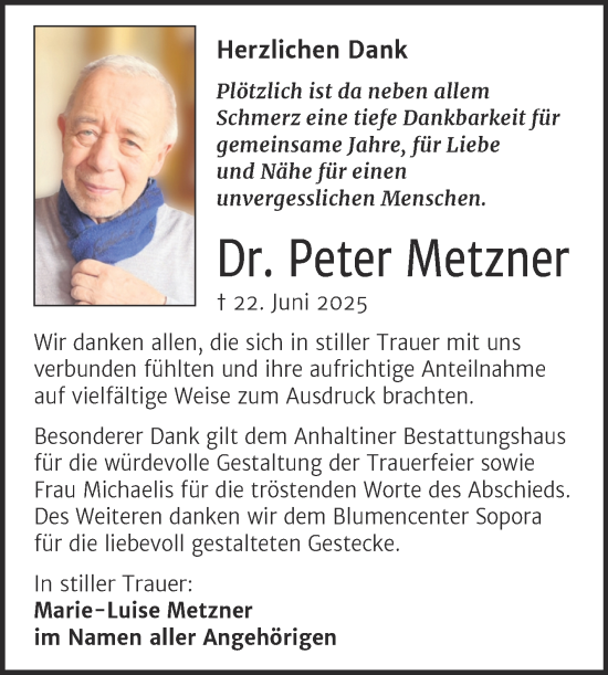 Traueranzeige von Peter Metzner von Trauerkombi Dessau