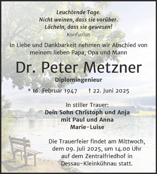 Traueranzeige von Peter Metzner von Trauerkombi Dessau