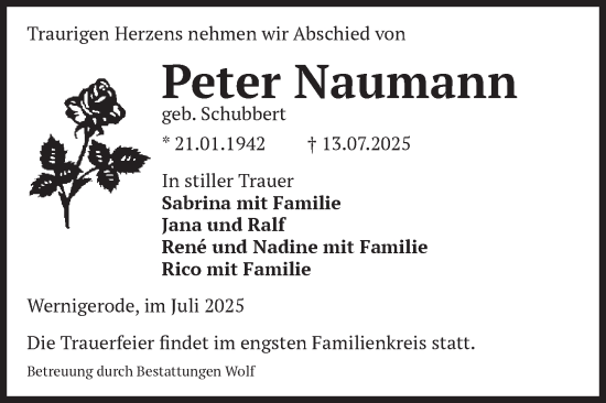 Traueranzeige von Peter Naumann von Volksstimme Wernigerode