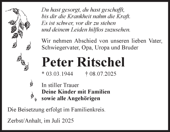 Traueranzeige von Peter Ritschel von Volksstimme Zerbst