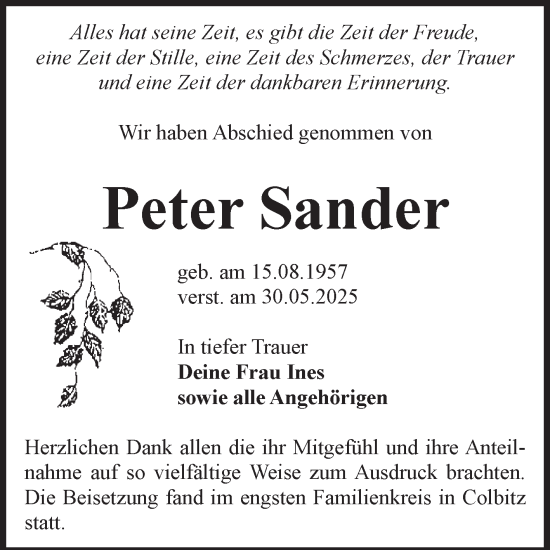 Traueranzeige von Peter Sander von Volksstimme Haldensleben/Wolmirstedt