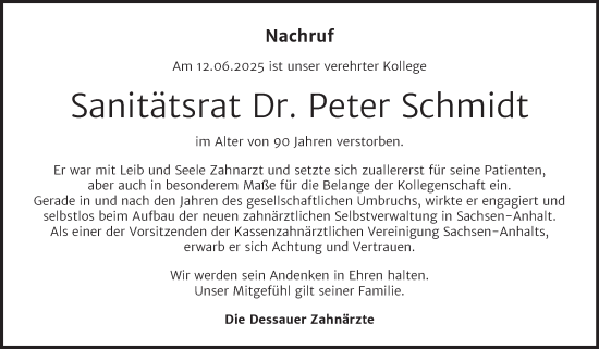 Traueranzeige von Peter Schmidt von Mitteldeutsche Zeitung Dessau-Roßlau