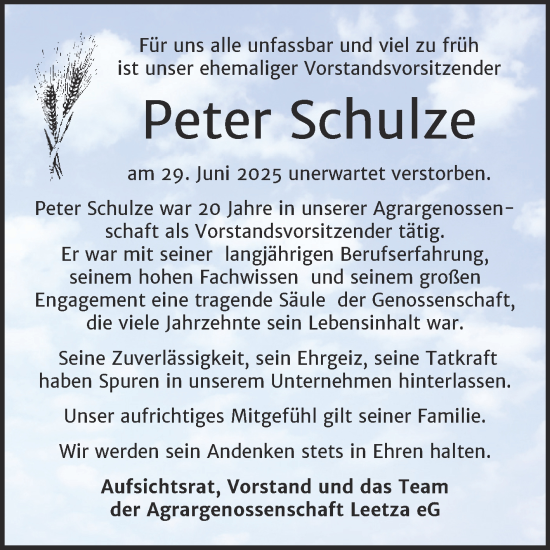 Traueranzeige von Peter Schulze 