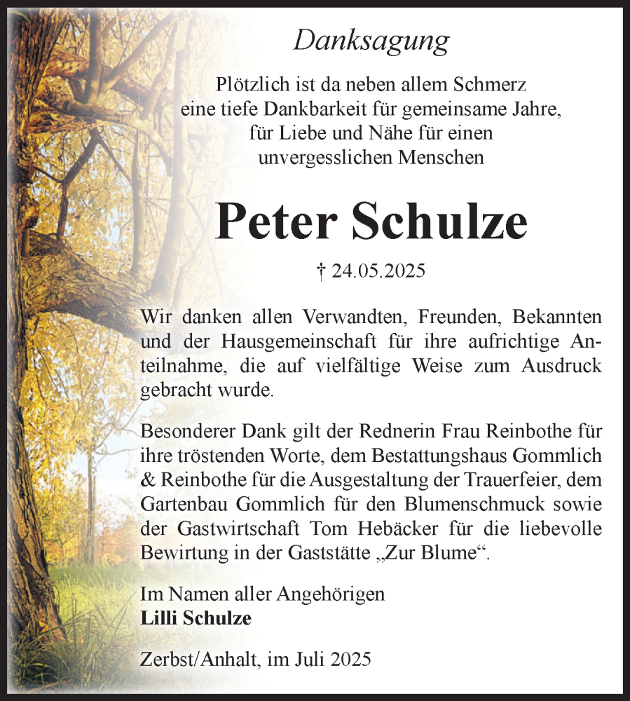  Traueranzeige für Peter Schulze vom 05.07.2025 aus Volksstimme Zerbst