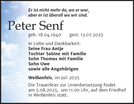 Traueranzeige von Peter Senf von Trauerkombi Weißenfels