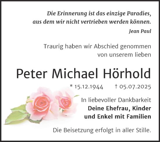 Traueranzeige von Peter Michael Hörhold von Trauerkombi Bitterfeld