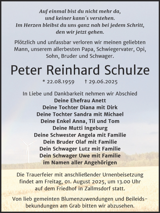 Traueranzeige von Peter Reinhard Schulze von Trauerkombi Wittenberg
