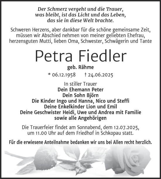 Traueranzeige von Petra Fiedler von Trauerkombi Merseburg