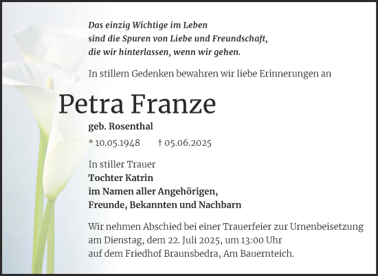 Traueranzeige von Petra Franze von Trauerkombi Merseburg