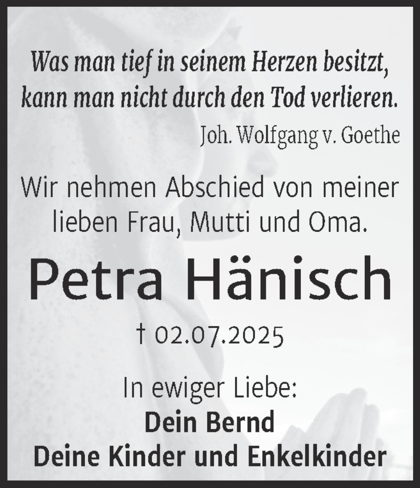  Traueranzeige für Petra Hänisch vom 25.07.2025 aus Trauerkombi Wittenberg